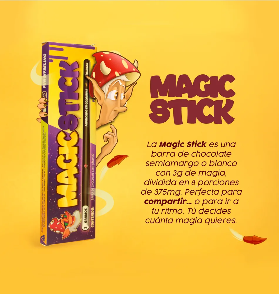 Magic Stick: barra de chocolate semiamargo o blanco con 3g de magia, dividida en 8 porciones de 375mg.